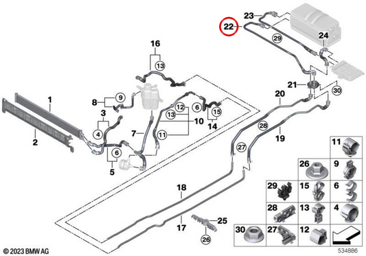 Eingangsrohr mit Batterieanschluss OEM 17129886650 für BMW F70, U06, U11, U10, U25. Original BMW.