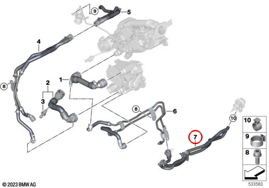 RETURN TUBE AND SUPPLY FOR MODULE OEM 1712988663 FOR BMW 5ER G60, G61 AND BMW X3 G45. Original BMW.
