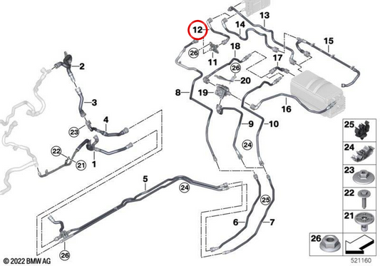 Tubo de líquido refrigerante retorno OEM 17129887168 para BMW Serie 5 G60, G68, G61. Original BMW.