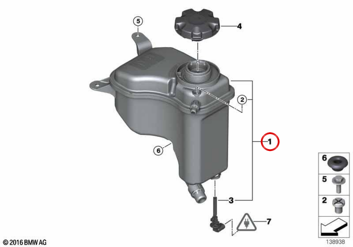 Depósito de refrigerante OEM 17137640515 para BMW E82, E88, E90, E91, E92, E93, E84. Original BMW.