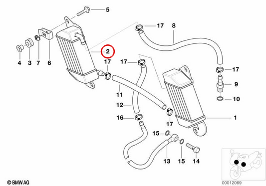 Radiatore olio destro OEM 17211342208 per moto BMW R 850 C, R 1200 C, R 1200 CL. BMW Motorrad originale.