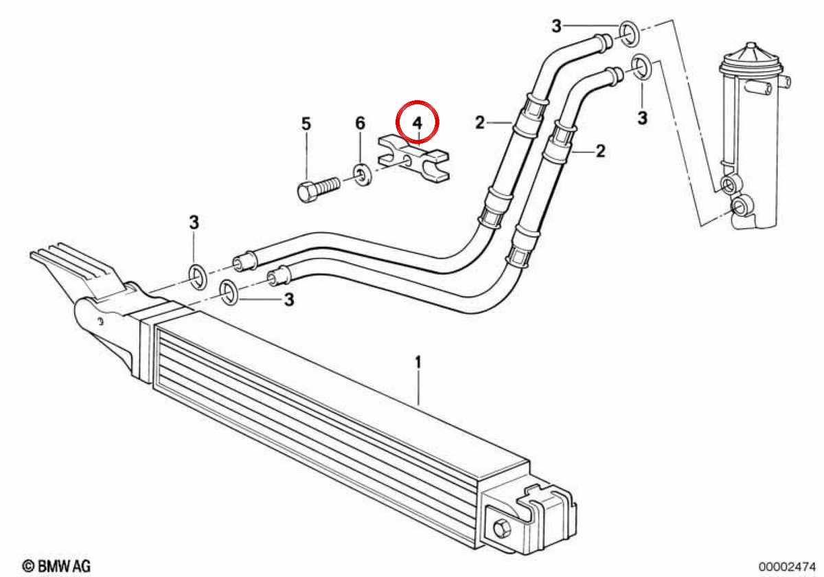 Soporte de tubería de aceite OEM 17212243052 para BMW E36, E34, E39, E32, E38. Original BMW.