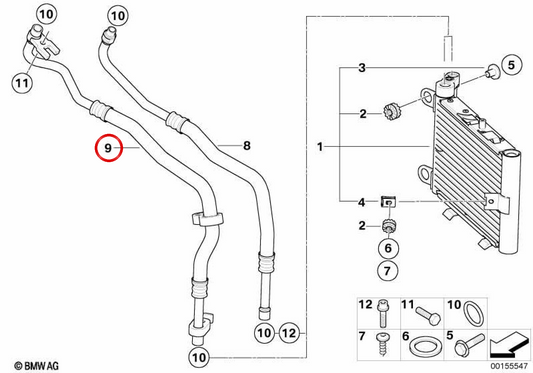 Tubería de retorno del radiador de aceite OEM 17223448666 para BMW E83. Original BMW.