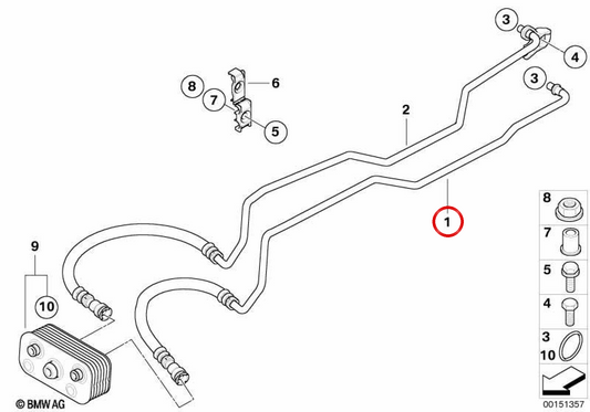 Tubo refrigerador de óleo OEM 17227577645 para BMW E85, E86. BMW genuíno.