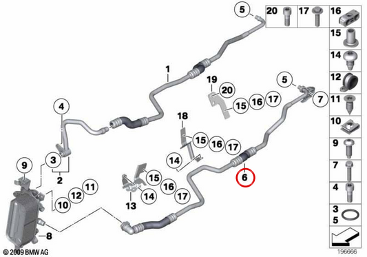 Tubería de retorno del radiador de aceite OEM 17227593143 para BMW F10, F11, F18, F01, F02. Original BMW.