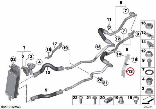 Supporto tubo raffreddamento olio OEM 17227614695 per BMW F07 550i xDrive, F10 550i xDrive, F06 650i xDrive, F12, F13, F01, F02… e altri. Originale BMW.