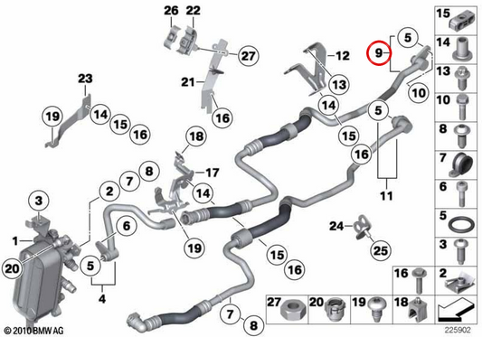 Conduite d’entrée du refroidisseur d’huile OEM 17227619615 pour BMW Série 5 F07, F10, F11 et Série 6 F06, F12, F13. BMW d’origine
