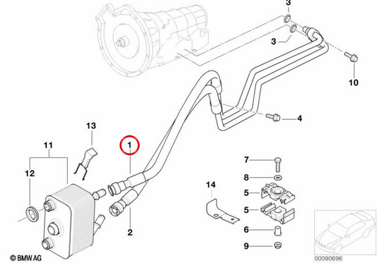 Pipe de refroidissement d'huile de transmission OEM 1727788268 pour BMW E53. BMW d'origine.