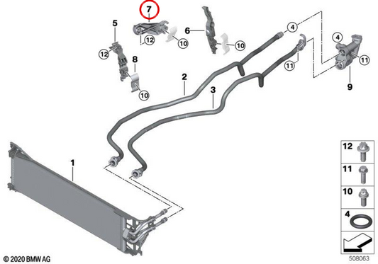 Suporte de tubo do refrigerador de óleo da caixa de velocidades OEM 17227936454 para BMW G30, G31, G32, G12, G14, G15, G16, G01, G02, G05, G06, G07, G18. BMW genuíno.