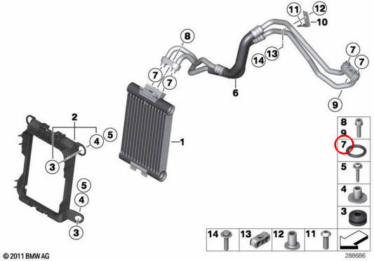 Anel de vedação do radiador OEM 17228604345 para BMW F20, F21, F22, F23, F87, F30, F31, F34, F35, F80, F32, F33, F36, F82, F83. BMW genuíno.