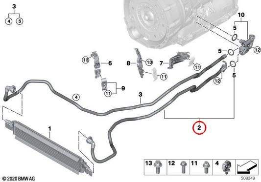 Tubo refrigerador de óleo de transmissão OEM 17228654907 para BMW G42, G20, G21, G28, G22, G23, G26. BMW genuíno.