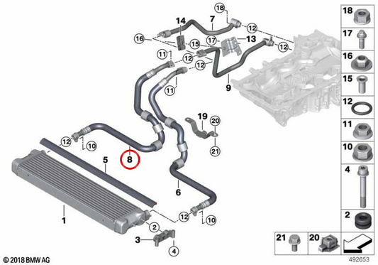 Engine oil cooler pipe OEM 17228843867 for BMW 5 Series G90 M5, G99 M5 Touring. Genuine BMW.