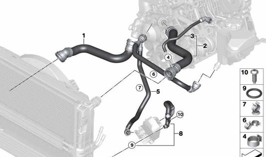 Tubo de refrigerante OEM 17127796872 para BMW E81, E82, E87. Manguera conducto bomba de agua. Original BMW.