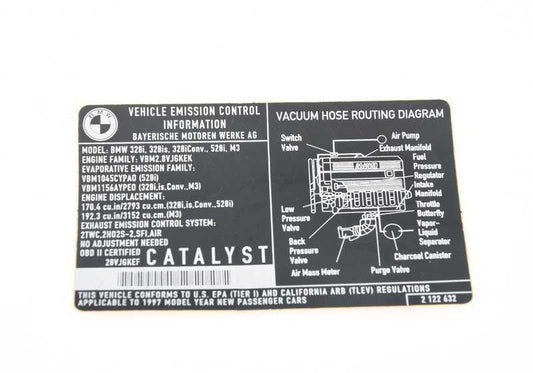 OEM exhaust gas warning label 7121222632 for BMW E36, E39. Original BMW.