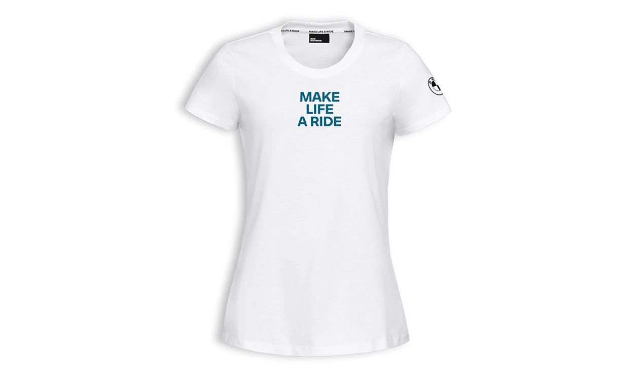 Camiseta mujer "Make Life a Ride" blanca talla XL OEM 76615B3E495 para BMW. Original BMW Motorrad.