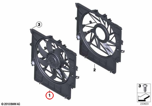 Ventoinha do radiador com anel OEM 17427560877 para BMW X3 F25 xDrive35i e X4 F26 xDrive28i, xDrive35i, M40i. Original BMW.
