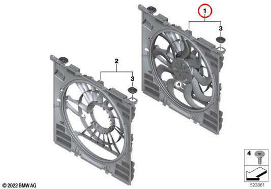 Lüftergehäuse mit Lüfter 600W OEM 17427925818 für BMW 5er Serie G60, G61, G68 und 7er Serie G70. Original BMW.