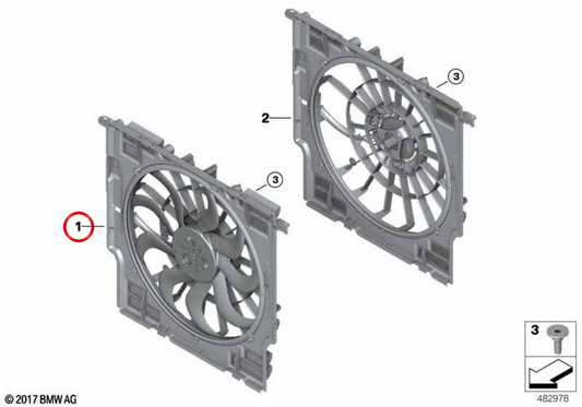 OEM 17428591440 radiator fan for BMW G42, G20, G21, G28, G22, G23, G26. Original BMW.