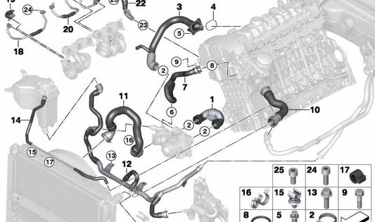 Manguera retorno calefacción al termostato OEM 17127564616 para BMW E90, E91, E92, E93 335i con motor N54 y N55. Original BMW.