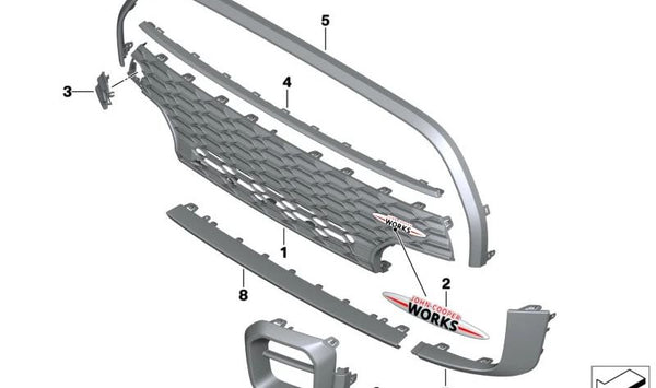 Moldura delantera superior OEM 51119450569 para MINI F55, F56 y F57 (Cooper S y JCW). Pieza original MINI. Ideal para sustituir moldura frontal en vehículos fabricados entre 2021 y 2024.