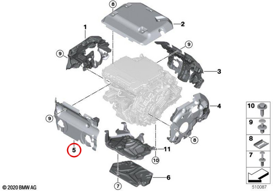 Cobertura acústica e térmica frontal OEM 17738744253 para BMW G26, G60, G61, G68, G70, G08, I20. BMW genuíno.