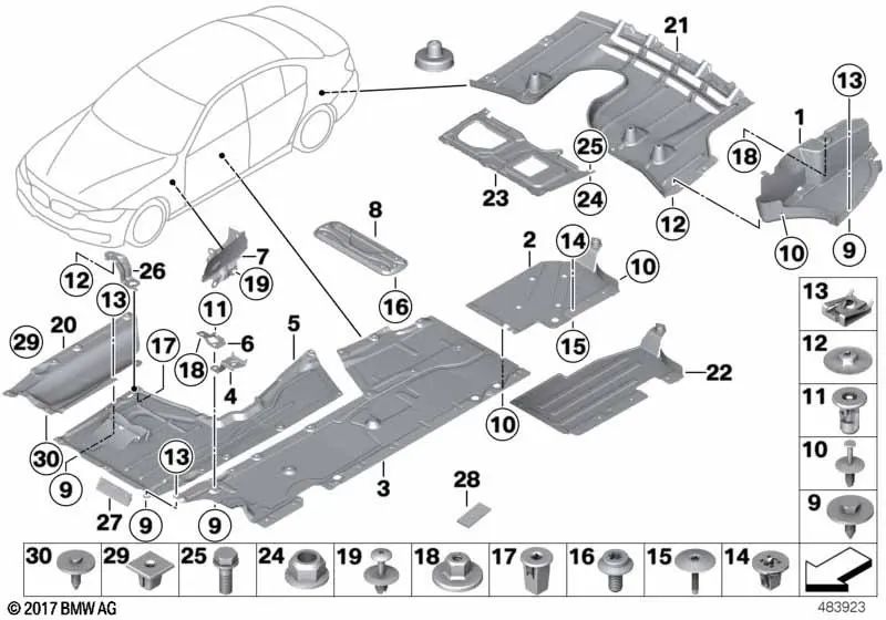 Revestimiento del fondo trasero derecho para BMW Serie 3 F30, F31, F35, F80 (OEM 51757258048). Original BMW.
