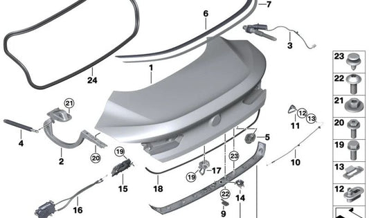 Bisagra izquierda portón trasero OEM 41007417255 para BMW F92 y G15. Recambio original BMW.