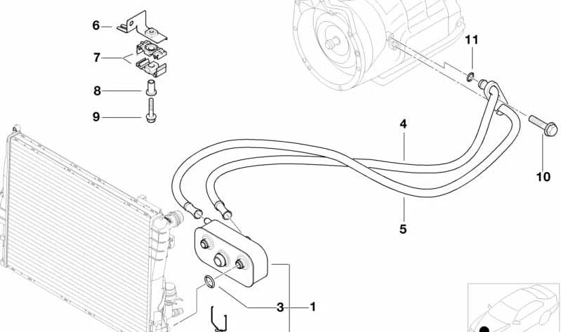 Tubería de retorno del radiador de aceite OEM 17227785132 para BMW E46. Original BMW.
