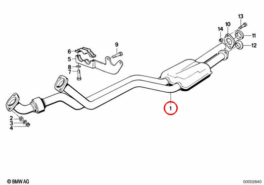 Tubo de escape central com silenciador OEM 18101712465 para BMW E24 635CSi (modelos com motor M30, manual e automático, 1978-1989). BMW genuíno.