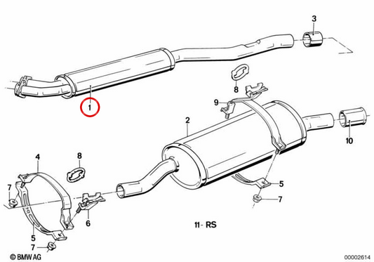 Silent Stürmer (Vorschalldämpfer) OEM 18101719277 für BMW E30. Original BMW.