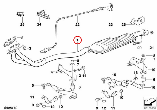 Silenciador dianteiro OEM 18101723750 para BMW E36 (316i, 318i, 318is). BMW genuíno.
