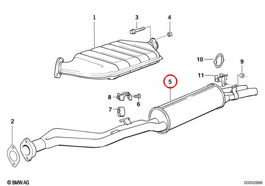 Rear Silence OEM 18102243545 for BMW E30 (316i, 318i, 320i, 323i, 324d, 324TD, 325e, 325i, m3). Original BMW.