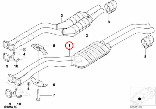 Silencioso delantero OEM 18107504169 para BMW E46 320i, 323i, 325i, 328i, 330i. Original BMW.