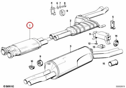 Attaquant silencieux (Vorschalldämpfer) OEM 18121175387 pour BMW E12 et E24. BMW d'origine.