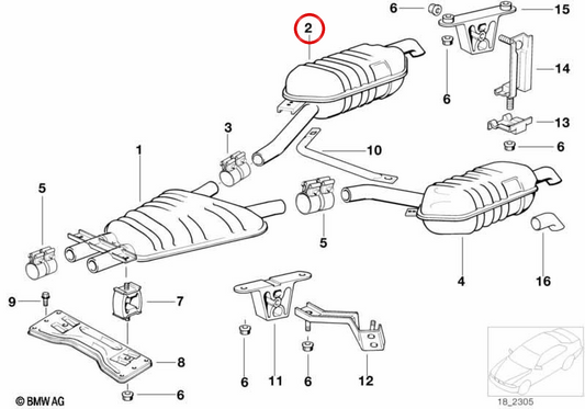 OEM arrière droit silencieux 18121745100 pour BMW E38 730i, 730il, 735i, 735il, 740i, 740il. BMW d'origine.