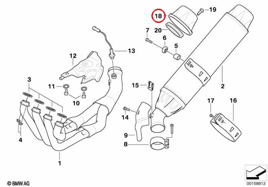 Rear silencer cap OEM 18127672773 for BMW motorcycles K1200S, K1200R, K1300GT... and more. Original BMW Motorrad.