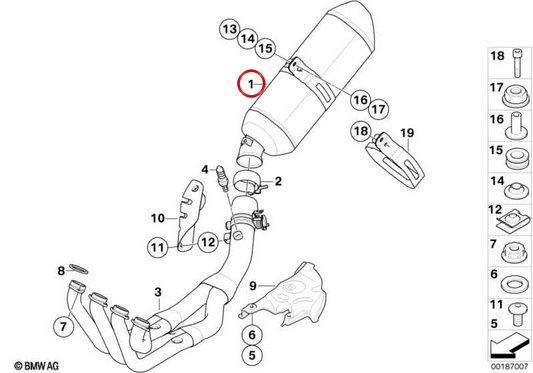 Catalyst silencer OEM 18127713437 for BMW K1300S, K1300R motorcycles. Original BMW Motorrad.