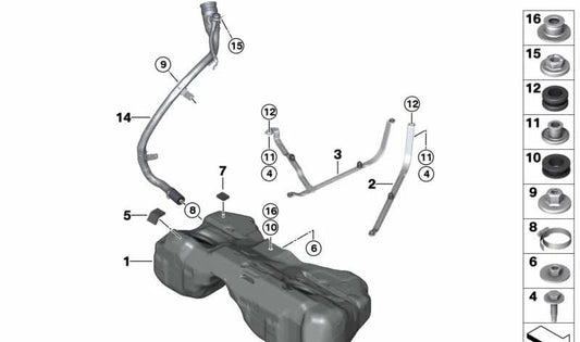 Abrazadera izquierda de depósito OEM 16117404149 para BMW G01, G02, F97, F98, G45. Compatible con modelos X3 y X4. Pieza original BMW.