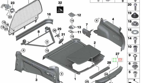 Separador de maletero OEM 51217338783 para MINI R55 (Cooper, Cooper D, One) modelos fabricados entre 2010 y 2014. Ideal para dividir el maletero y evitar desplazamiento de objetos. Original MINI.