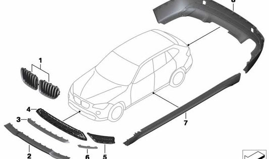 Cubierta lateral izquierda para estribo OEM 51772993563 para BMW X1 E84. Parte original BMW, ideal para restaurar o reemplazar la moldura del faldón lateral izquierdo (versión X-Line). Original BMW.