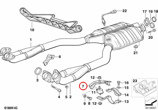 Soporte izquierdo del silencioso trasero OEM 18301723449 para BMW E34, E32, E31. Original BMW.