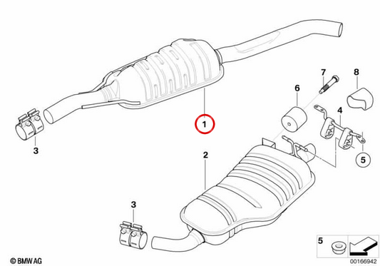 Intermédiaire OEM silencieux 18303413814 pour BMW E83 (x3 2.0i avec moteur N46 et traction totale). Compatible avec les modèles de 2005 à 2010. Pièce BMW originale.
