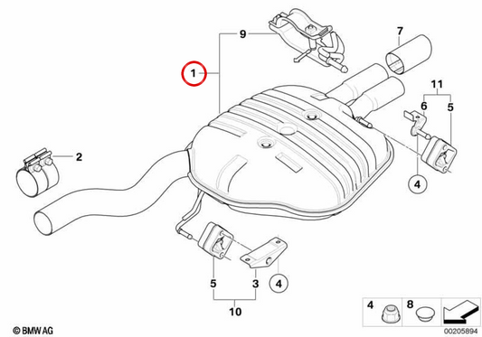 Silenziatore posteriore con valvola di scarico OEM 18307541475 per BMW E60, E61. BMW originale.