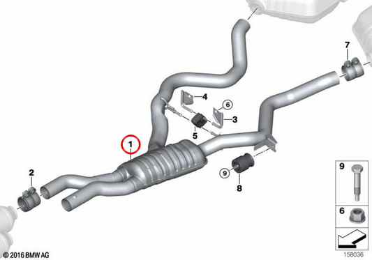 Silenzio intermedio con tubi OEM 18307553826 per BMW E90 ed E91. BMW originale.
