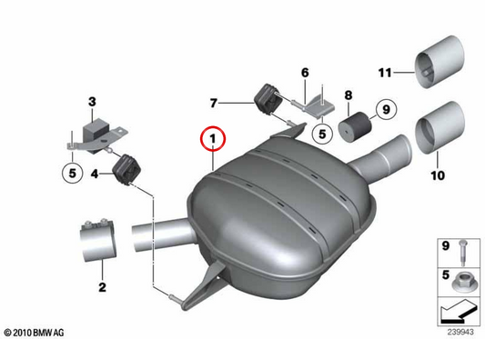 Silenciador trasero izquierdo OEM 18307612958 para BMW F11. Original BMW.