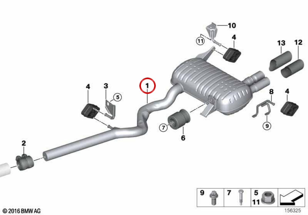 Silenzio posteriore OEM 18307796017 per BMW E90, E91. BMW originale.