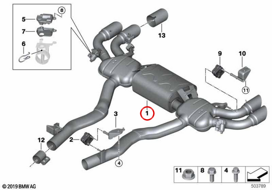 Silenzioso posteriore con valvola di scarico OEM 18307883606 per BMW F95, F96. BMW originale.