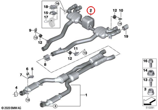 Silenciador traseiro com válvula de escape OEM 18307883618 para BMW F90. BMW genuíno.