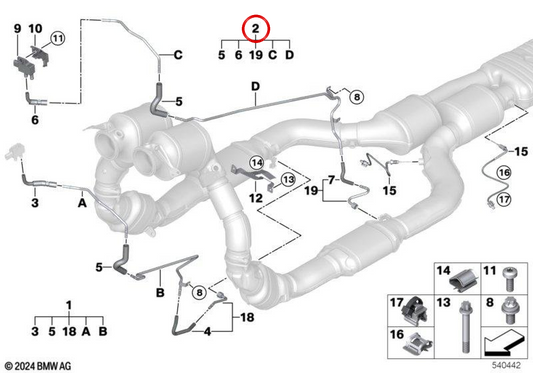 Tubería presión filtro partículas gasolina OEM 18307885855 para BMW Serie 5 G30, G31, G90, G99... y más. Original BMW.