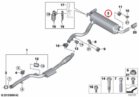 Rear silent with OEM exhaust valve 18307933835 for BMW G20, G21, G22, G23, G26. Original BMW.